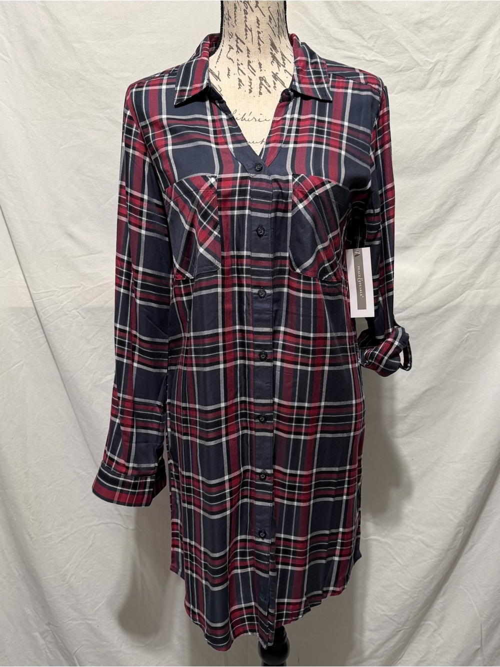 Peace & Pearls Plaid Button-Front Long Sleeve Lightweight Shirt Dress Size L NWT